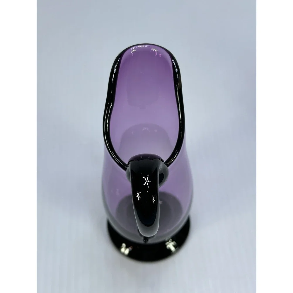Vintage Purpla Amethyst Art Glass Footed Pitcher Vase Applied Handle Signed 6.5